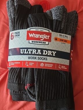 Wrangler Black & Gray Ultra Dry Work Socks - 6 Pack Crew